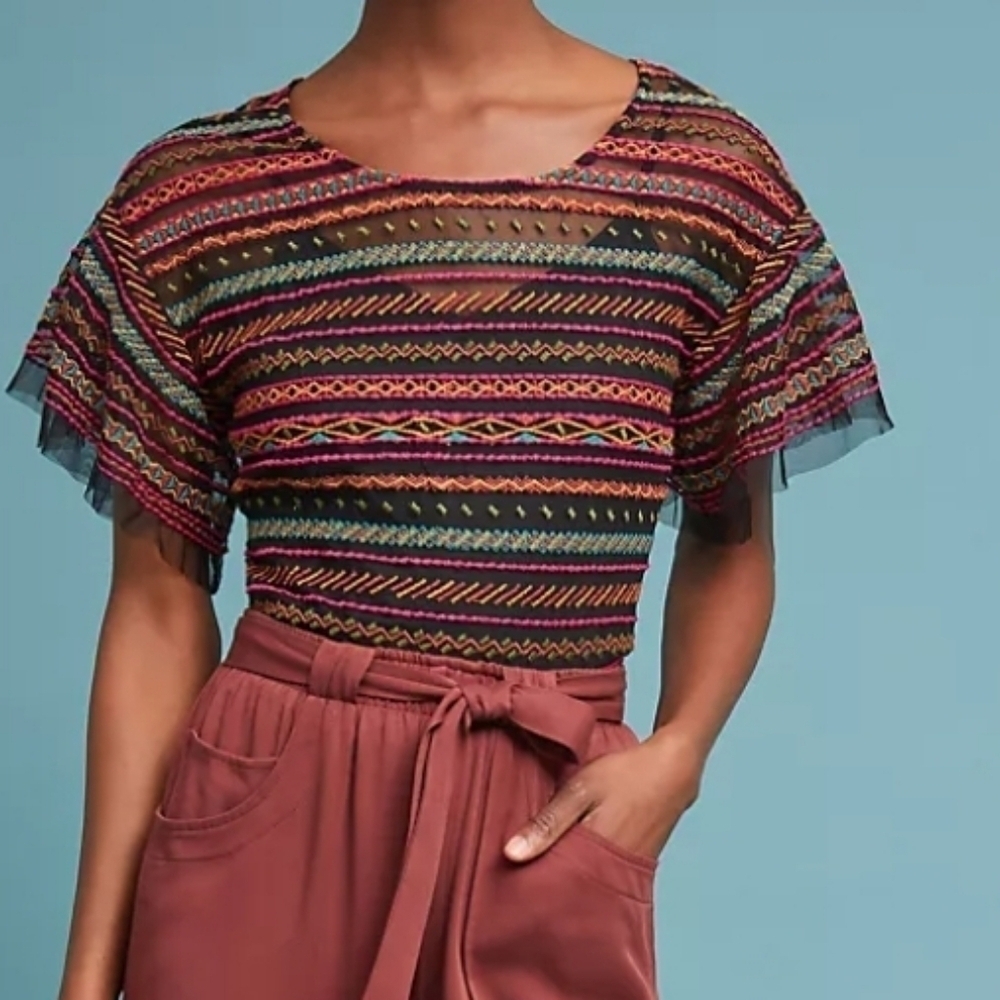MAEVE ANTHROPOLOGIE Sheer Nylon Embroidered Naples Mesh Blouse Flutter Sleeve